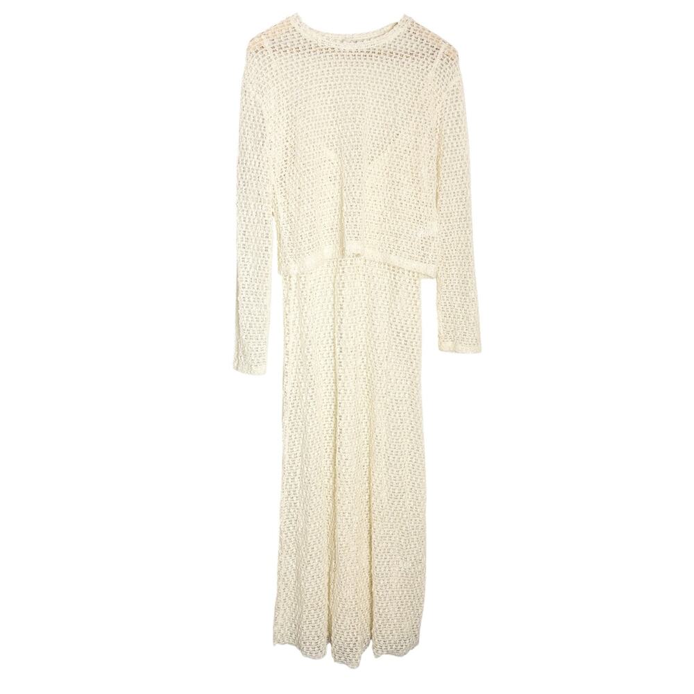 Zara Cream Sheer Crochet Open Knit 2 Piece Maxi Dress Long Sleeve Co-Ord Set S